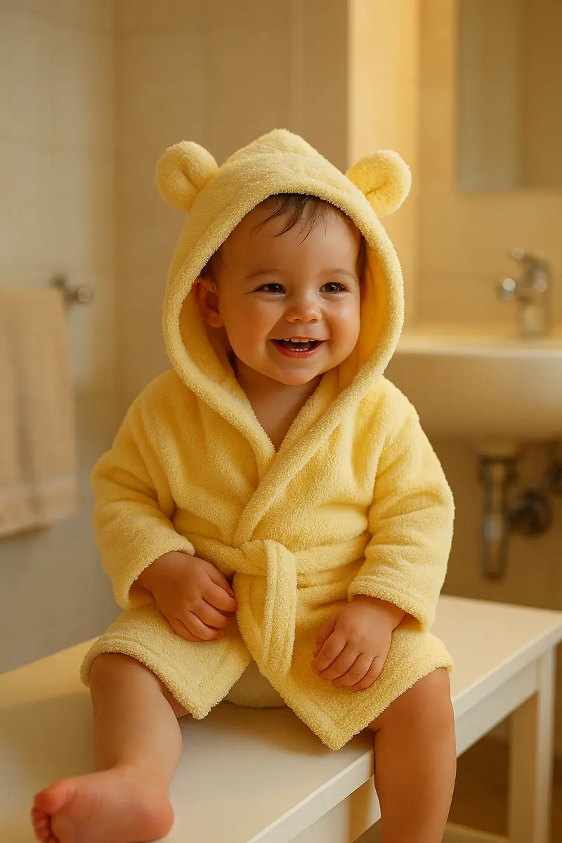 Criança sorrindo de roupão infantil amarelo com capuz de orelhinha