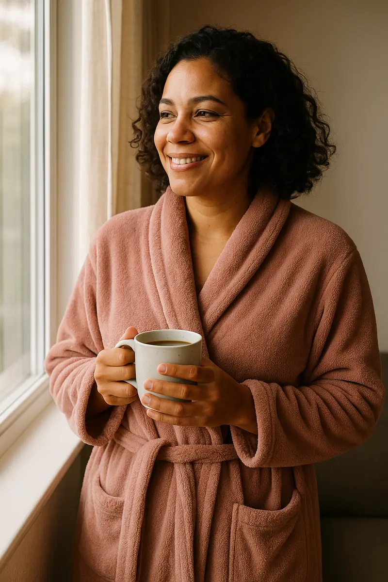 Mulher de roupão feminino rosê tomando café na janela